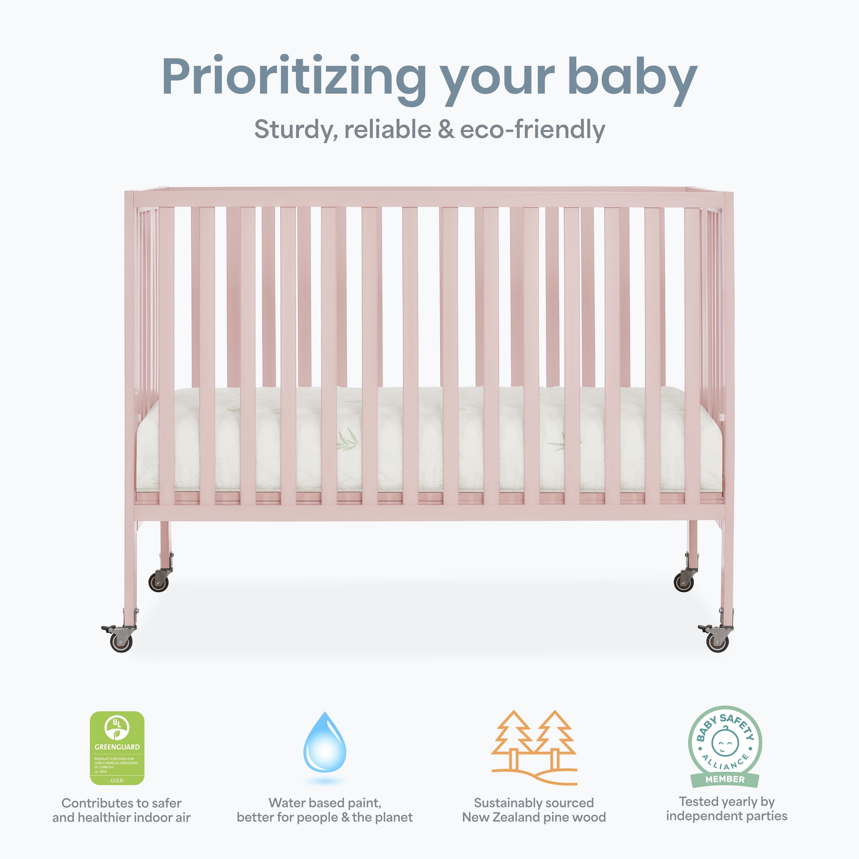 Dream On Me Quinn Full-Size Folding Crib, Patent Folding System in Blush Pink