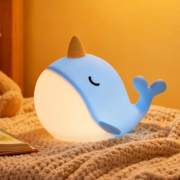 Cute Narwhal Night Light Lamp, 7 Colors Touchable Squishy LED Light, USB Rechargeable Silicone Nursery Whale Night Lamp for Room Decor Birthday Gift for Toddler Women Adult