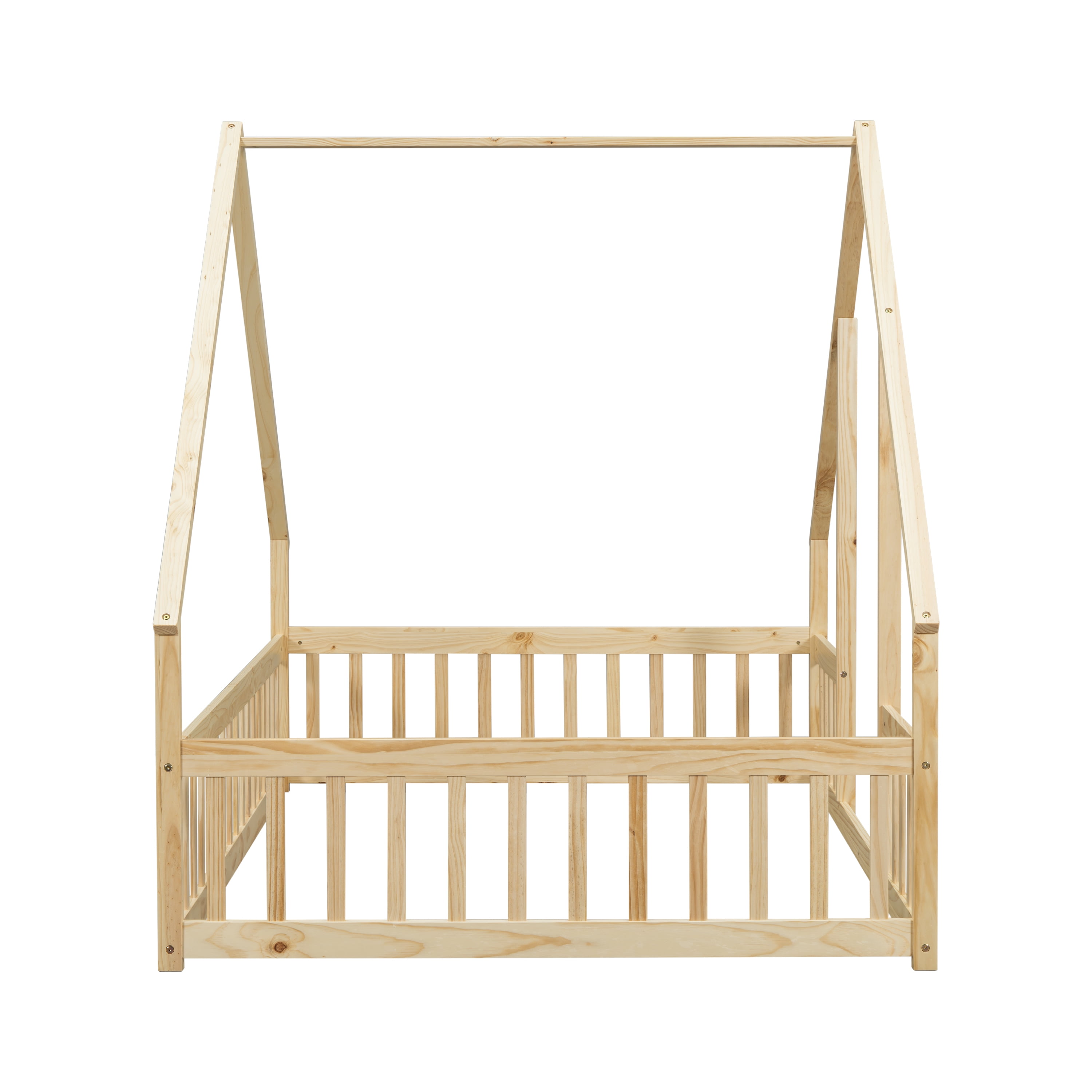 Miniyam Wood Full Size House-Shaped Floor Bed with Guardrails for Kids, Natural