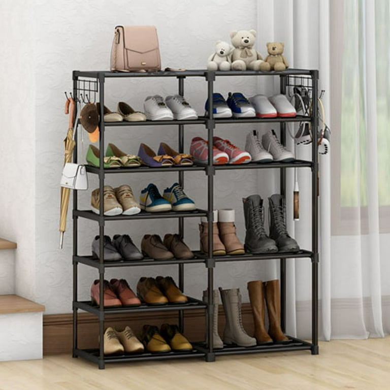  SUNTAGE Free-Standing Shoe Rack Organizer, Garage Shoe Storage  Organizer with Side Hooks & Pockets, Metal Shoe Rack for Garage, Entryway,  Holds 32 Pairs Shoes & Boots, 2 Columns, 9 Tiers 