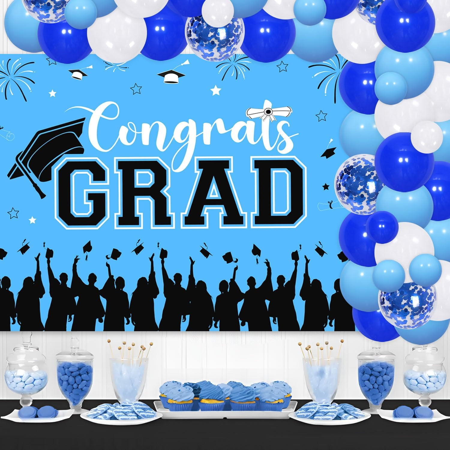 65Pcs Congrats Grad Decorations 2024, Light Blue Graduation Decor with Photography Backdrop Fireworks Bachelor Cap Little Star Printed Blue Wihte Black Balloon Garland Arch Kit for Class of 2024 Grad