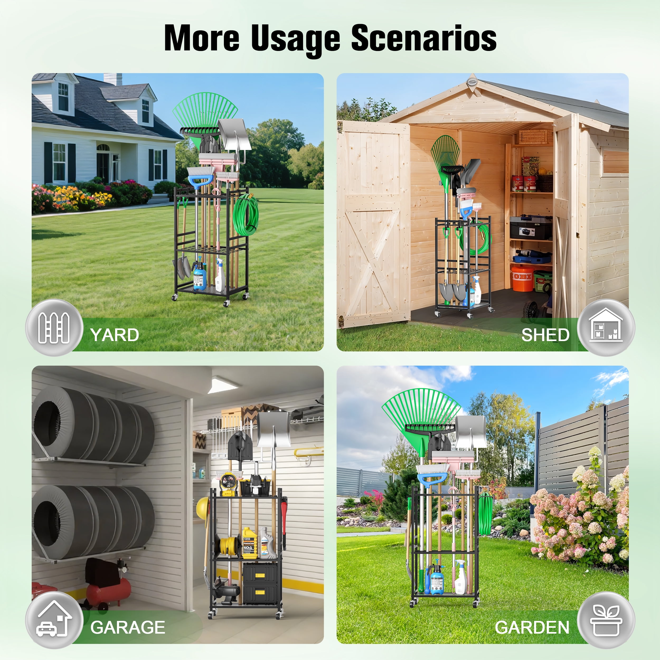 RELOIVE Garden Tool Organizer With Wheels, Yard Tower Rack for Garage Storage, Up to 35 Long-Handled Tools, Sturdy Metal Steel Holder With 3 Hooks, Outdoor, Black