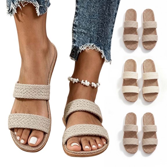Agkizg Womens Indoor Outdoor Slides, Beach Walking Sandals, Woven 2 Strap Slide Sandals Flat Open Toe Casual Indoor Outdoor Daily Beach Summer Slippers