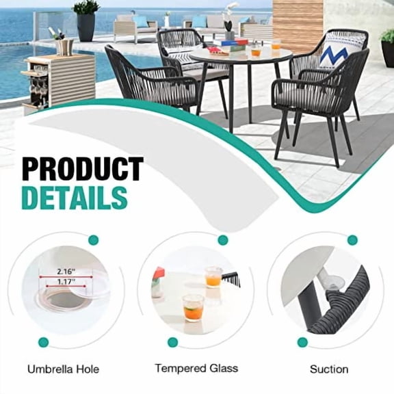 Patiorama Outdoor Dining Table, 35'' Patio Round Table, All-Weather Rope Rattan Wicker Patio Dining Table, Patio Tempered Glass Table w/Umbrella Hole, Outdoor Coffee Table for Lawn