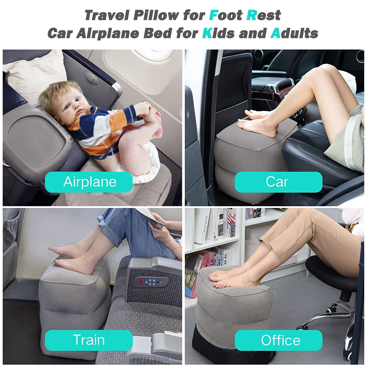 STYDDI Inflatable Foot Rest Pillow, 2 Pack Portable Inflatable Leg Rest  Pillow, Travel Footrest Pillow for Airplane, Train, Car, Home, Office (Grey