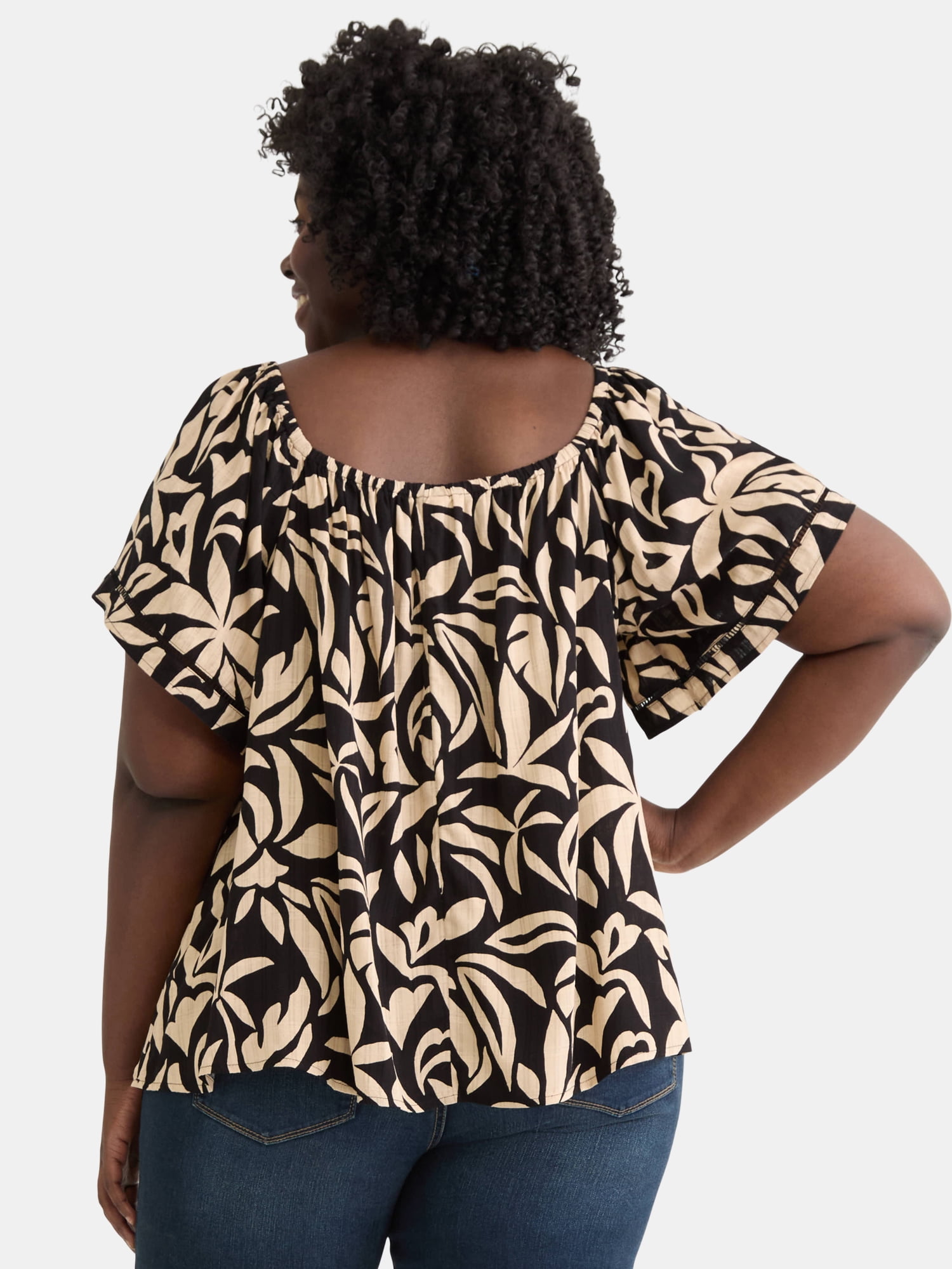 Terra & Sky Women's Plus Convertible Blouse with Short Sleeves, Sizes 0X-5X