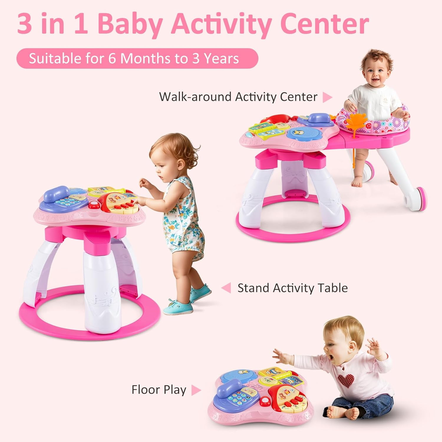 OLAKIDS 3 in 1 Walk Around Baby Activity Center, Baby Walker with Play Table, Wheels, Detachable Seat Cushion, 3 Adjustable Heights, Learning Toys for Boys Girls Aged 6-36 Months