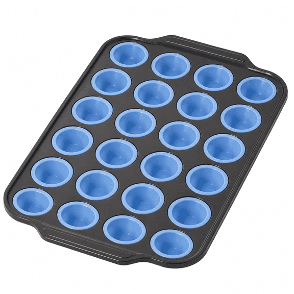 24-Cavity Silicone Mini Muffin Pan with Metal Frame, Non-Stick Egg Bite & Cupcake Mold, BPA-Free Oven Bakeware for Mini Muffins & Bites, Blue