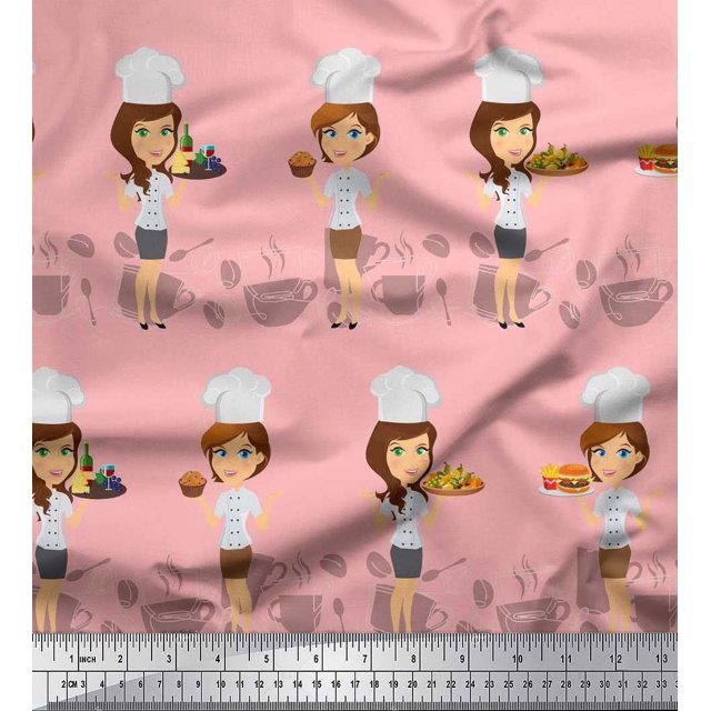 Soimoi polyester Crepe Fabric Cook Girl Printed Craft Fabric by the Yard 42 Inch Wide