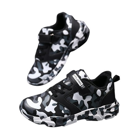 

Eloshman Boy s Breathable Athletic Running Shoe Sports Anti-Slip Magic Tape Walking Gym Round Toe Trainers Black White-2 3Y