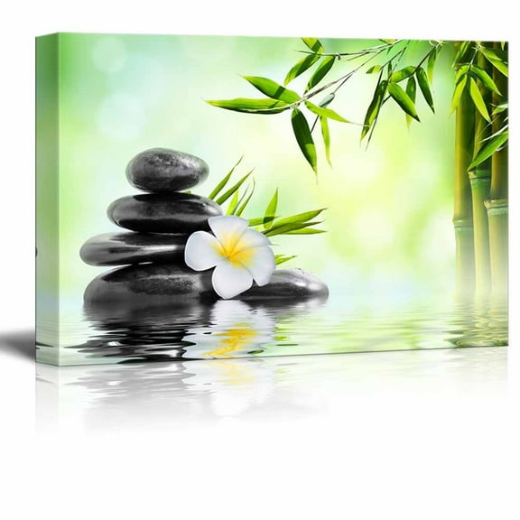 wall26 - Canvas Prints Wall Art - Basalt Stones Stacked on Water with Bamboo | Modern Wall Decor/Home Decoration Stretched Gallery Canvas Wrap Giclee Print. Ready to Hang - 12" x 18"