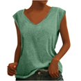 thumbnail image 2 of Femmes Tops Mode Solide Couleur Cap Manches V Cou Décontracté en Vrac Manches Courtes T-Shirt Top Armée Vert L, 2 of 5