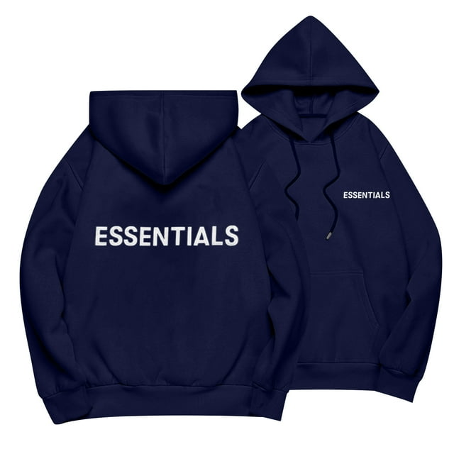 Pullover Hooded Sweatshirt with Front and Back Essentials Letter Print Casual Loose Fit Long Sleeve Design Blue M