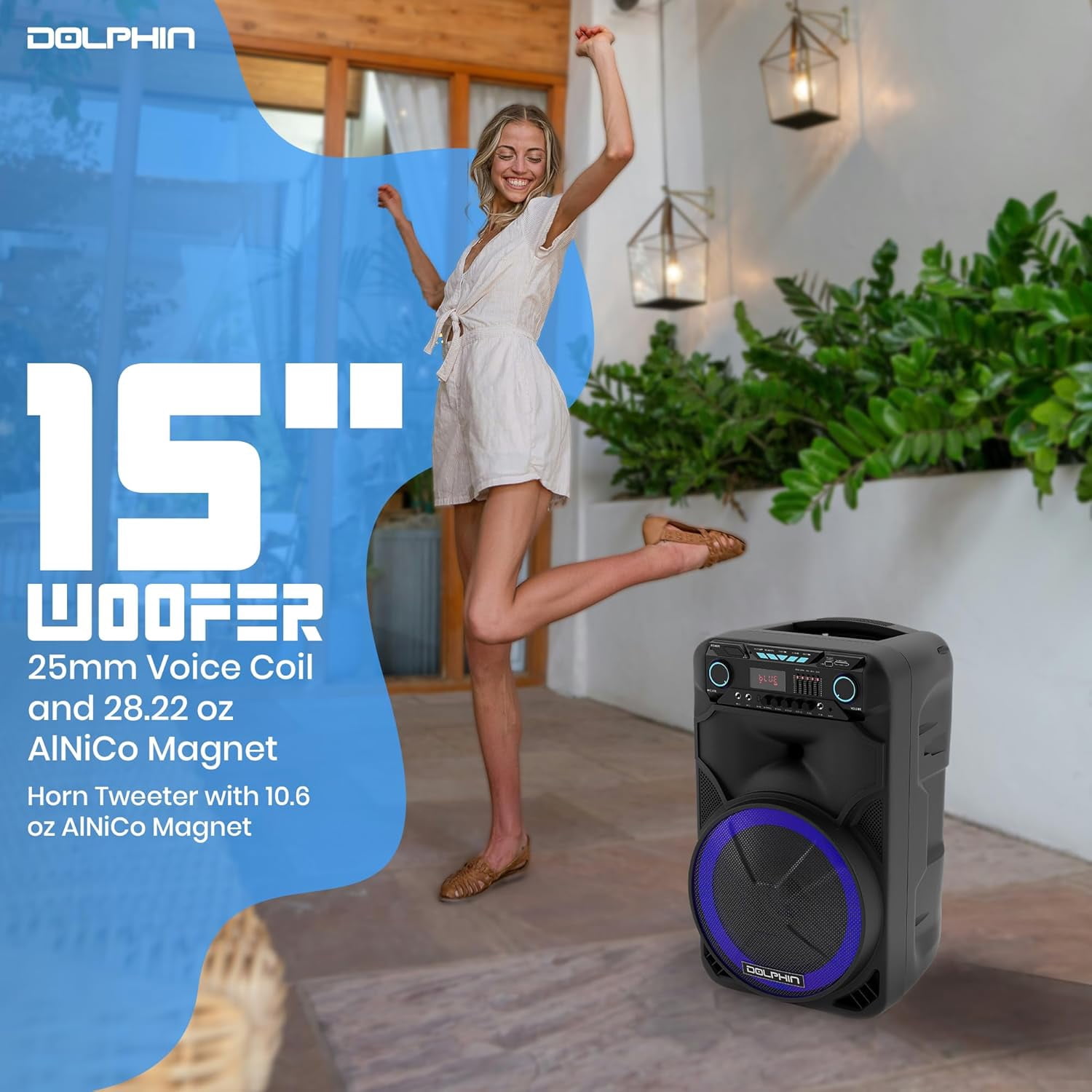 Dolphin SP-1500RBT BoxParty 1500: High Power 15" Woofer w/Loud & DEEP BASS | Portable Party Bluetooth Speaker with Sound Activated Lights