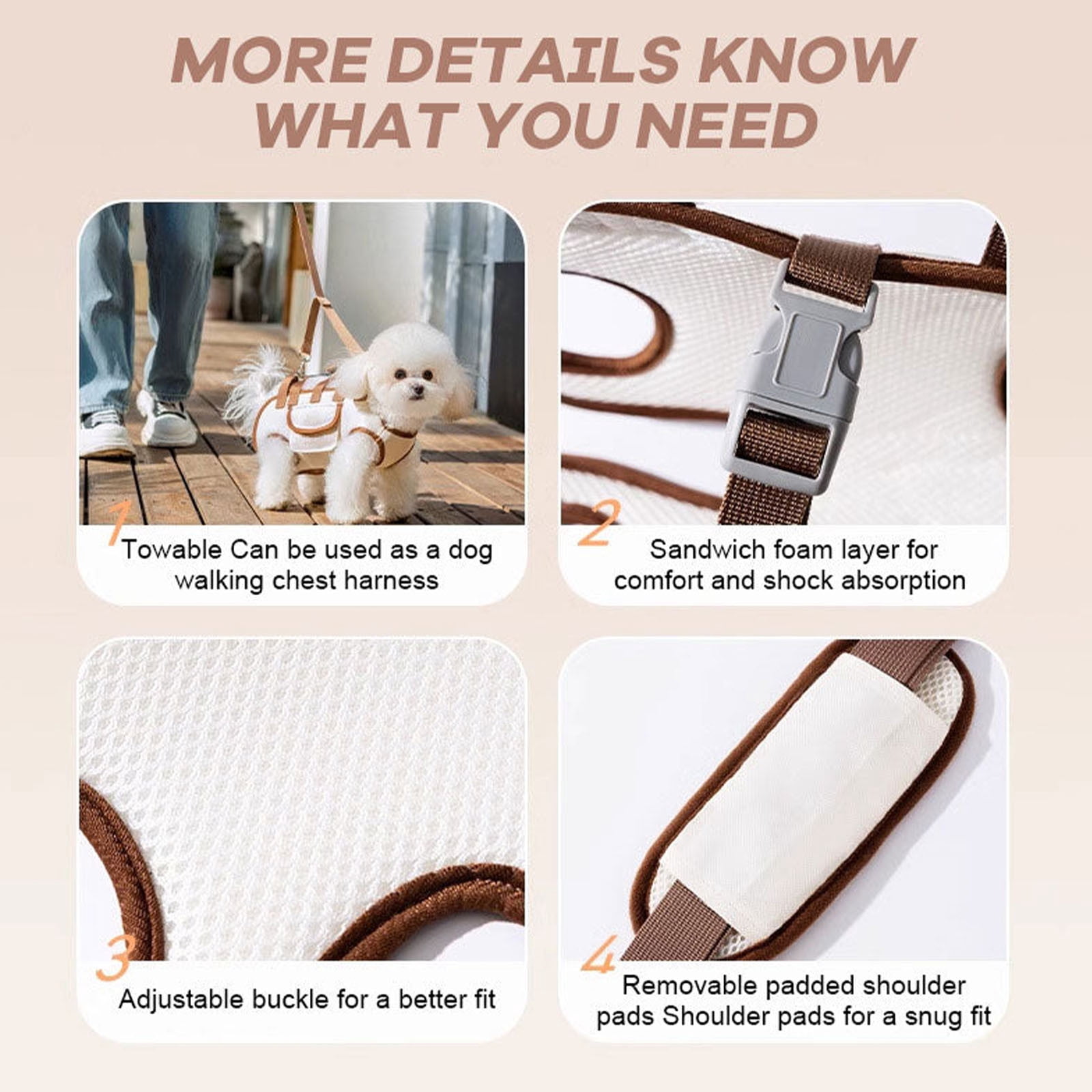 Dog Full Body Lift Harness for Small Dogs, Outdoor Pet Bag Hands Free Shoulder Yorkie Carrier, Adjustable Breathable Vest Straps with Small Puppy Treat Bag, Beige (L(14.33~19.84lbs))
