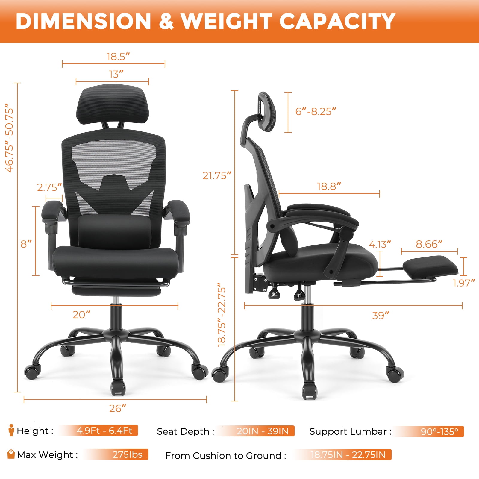 MCQ Ergonomic Mesh Office Chair, High Back Home Swivel Chairs with Adjustable Lumbar Support, Headrest, Footrest, and Armrests, Black