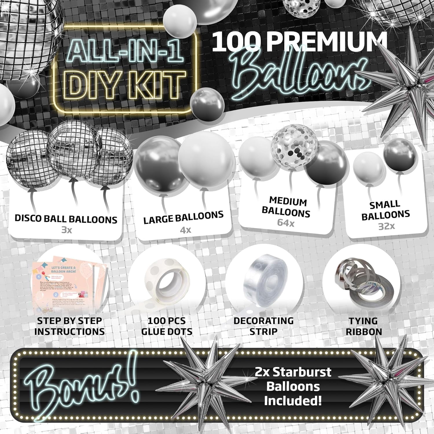 Disco Balloon Arch Kit With Ball Garland For Party Decorations Silver And White Balloons