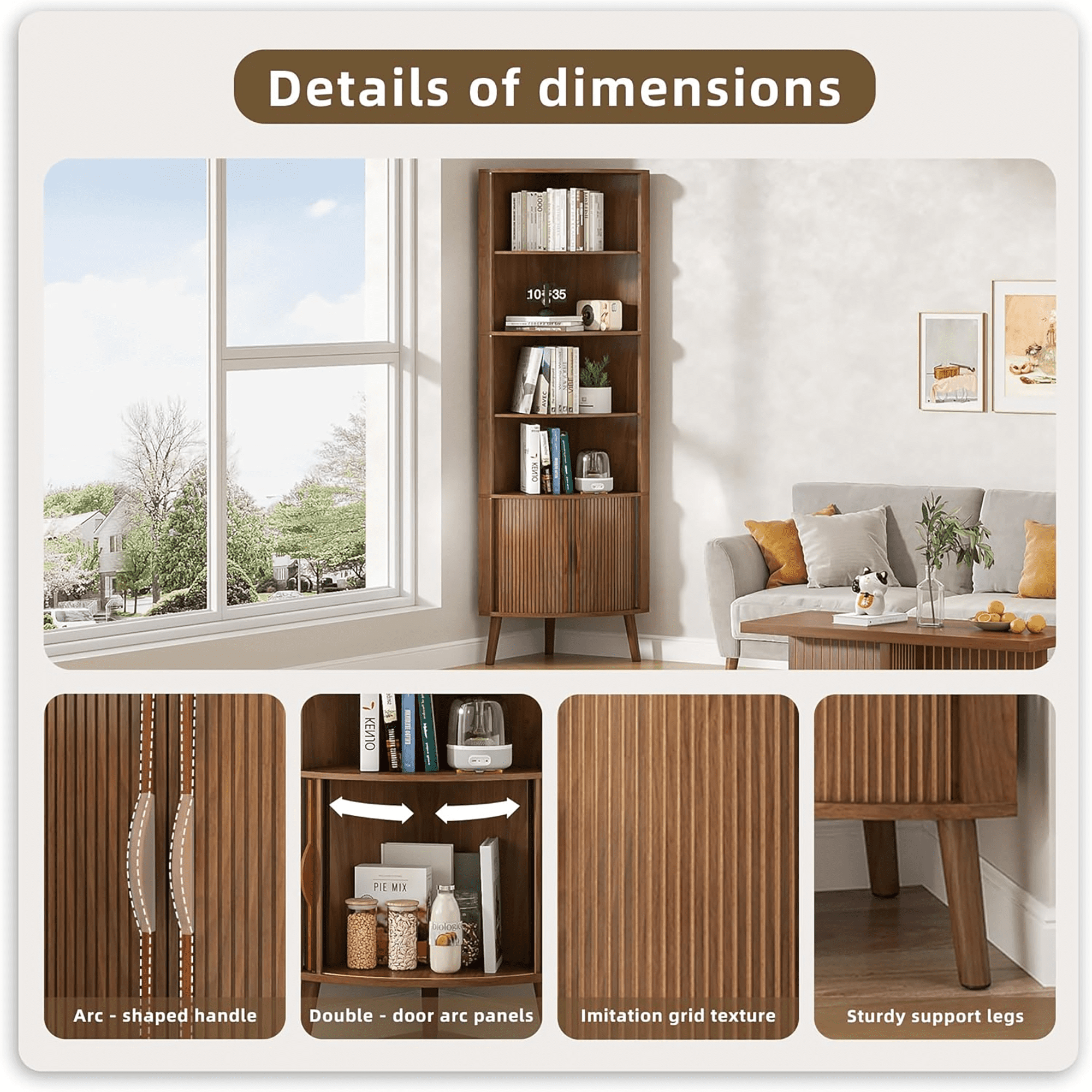 Diubas 66.73'' Tall Fluted Floor Corner Cabinet, Farmhouse Storage Cabinet with 2 Doors and 5 Storage Shelves for Living Room, Kitchen, Study Room, Walnut