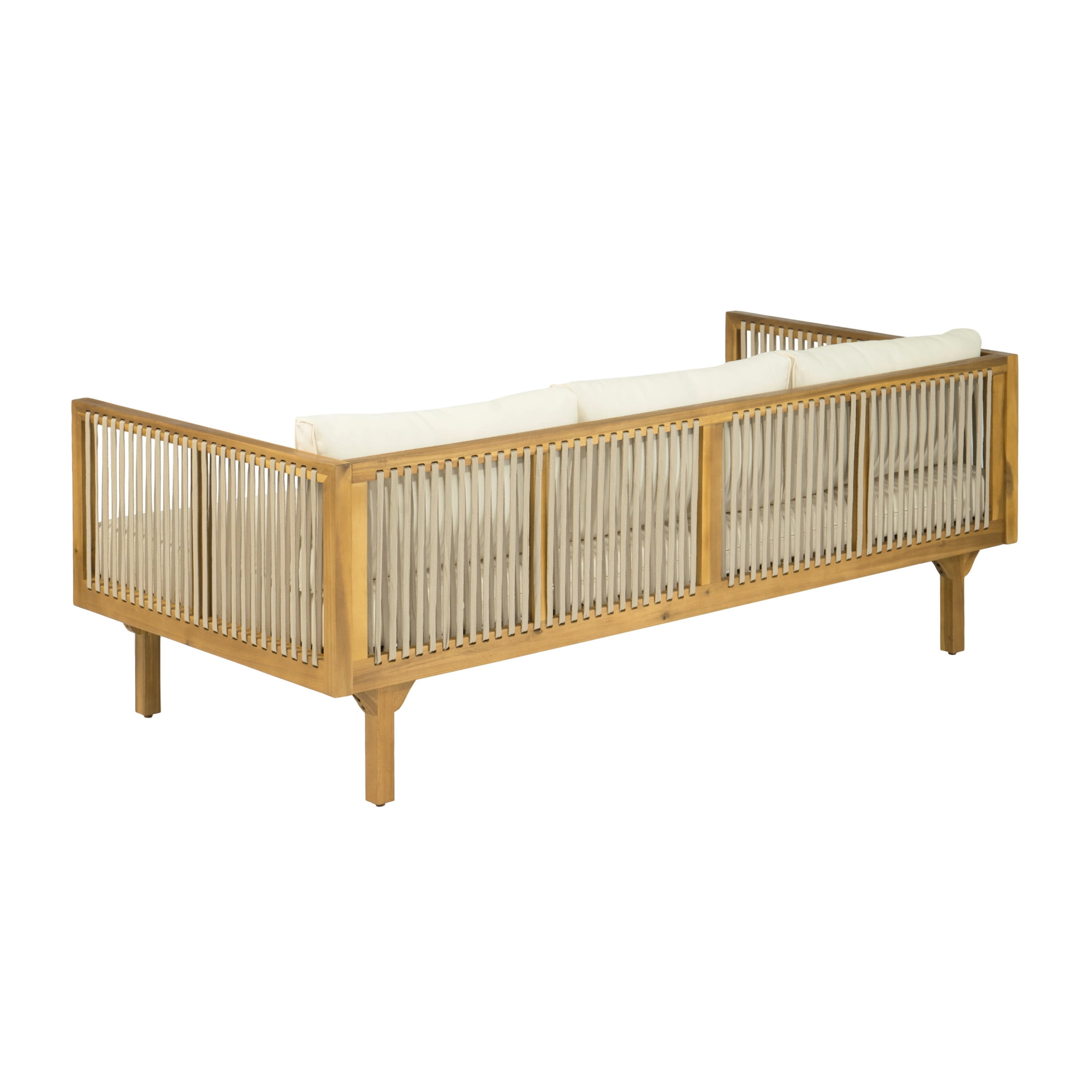 Christopher Knight Home 67.5" Outdoor Patio Acacia Wood Sofa with Light Brown Rope and Beige Cushions