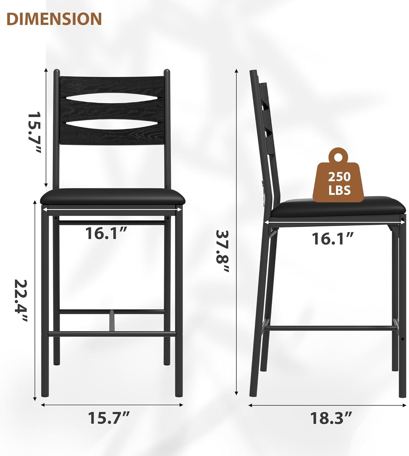 Garvee Bar Stools Set of 4, Wooden Barstools, Faux Leather Upholstered Bar Chair with Back & Footrest & Thick Cushion, Counter Height Bar Stools for Kitchen Island Apartment, Black