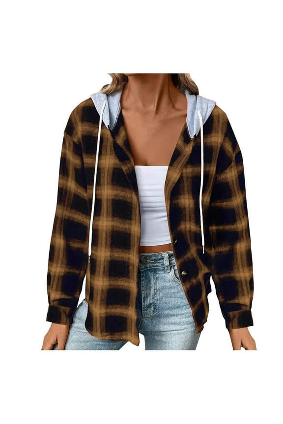 Flannel Plaid Jackets for Women Hoodie Button Up Shirt Shackets Long Sleeve Fashion Hooded Autumn Outerwear