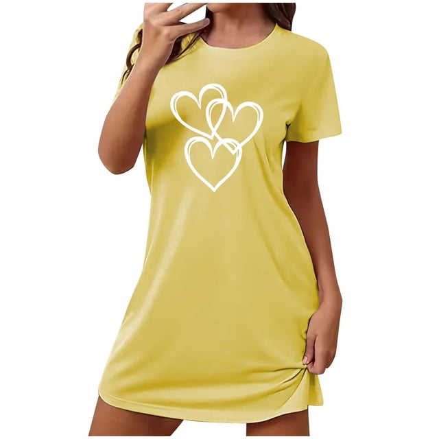 Tnhcen Robe de Nuit Grande Taille Été Soie de Lait Design Brossé Double Face Manches Courtes Col Rond Imprimé Dessin Animé Mignon Polyester Spandex Extensible P-2TG pour la Maison