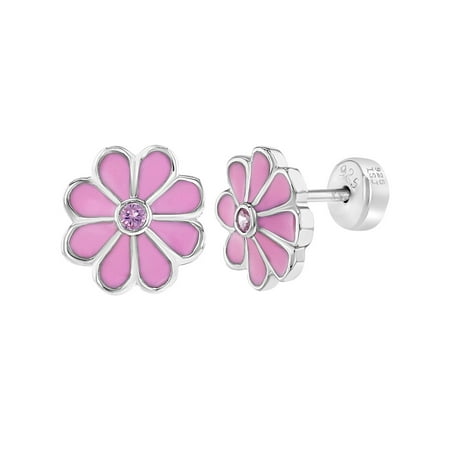 Enamel Flower Daisy - 925 Sterling Silver Pink Enamel Daisy Flower Push Back Safety Earrings Girls
