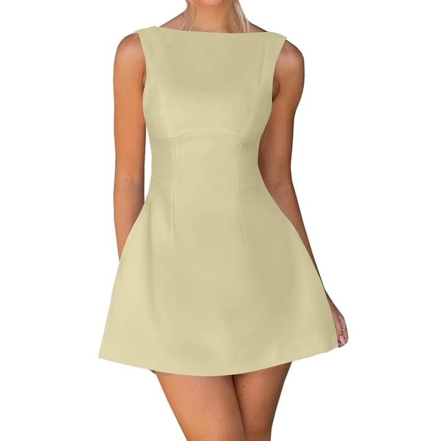 Vestido OWIN con cuello de barco, sin mangas, bodycon, fiesta, color caqui S, mujer