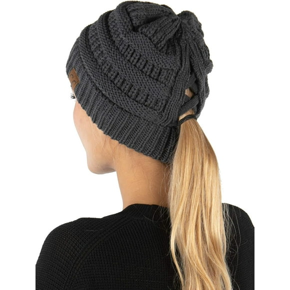 Beanie for Women Winter Hats Ponytail Hole Criss Cross Hat Messy Bun High Ponytail Knit Cap Runners Gifts