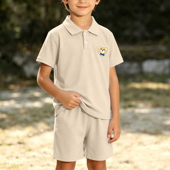 BRGZLK Back to School Sets Boys Summer Preppy Style Casual Collared Button Down Short Sleeve Tops Elastic Waist Shorts School Uniform Clothes Khaki 5-6 Years