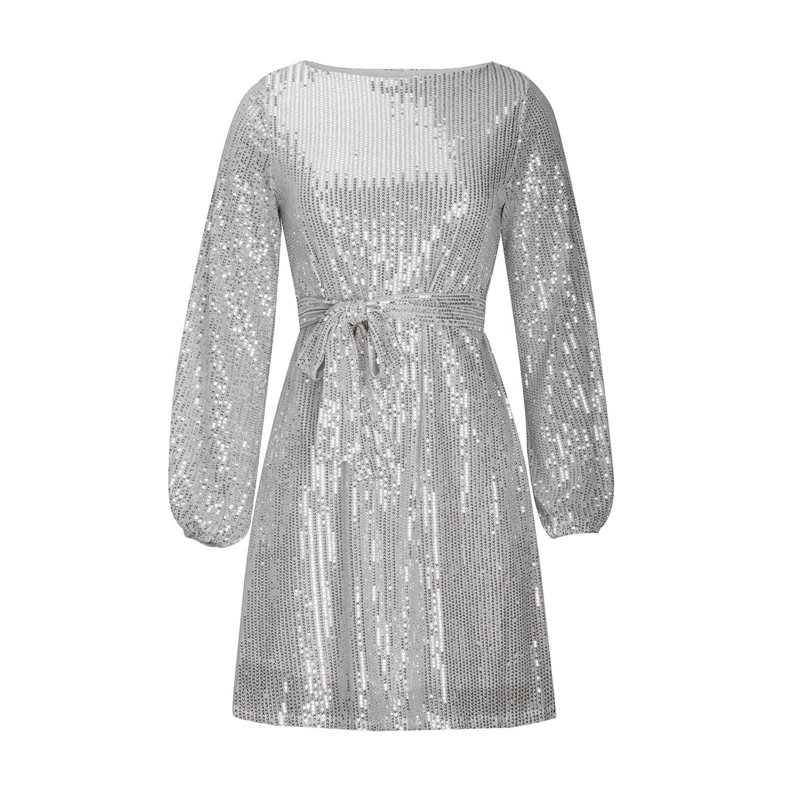 Sequin Dress for Women Long Sleeve Crewneck Evening Dresses Silver Sparkly  Mini Short Dress Cocktail Party Prom Formal Dress - Walmart.com