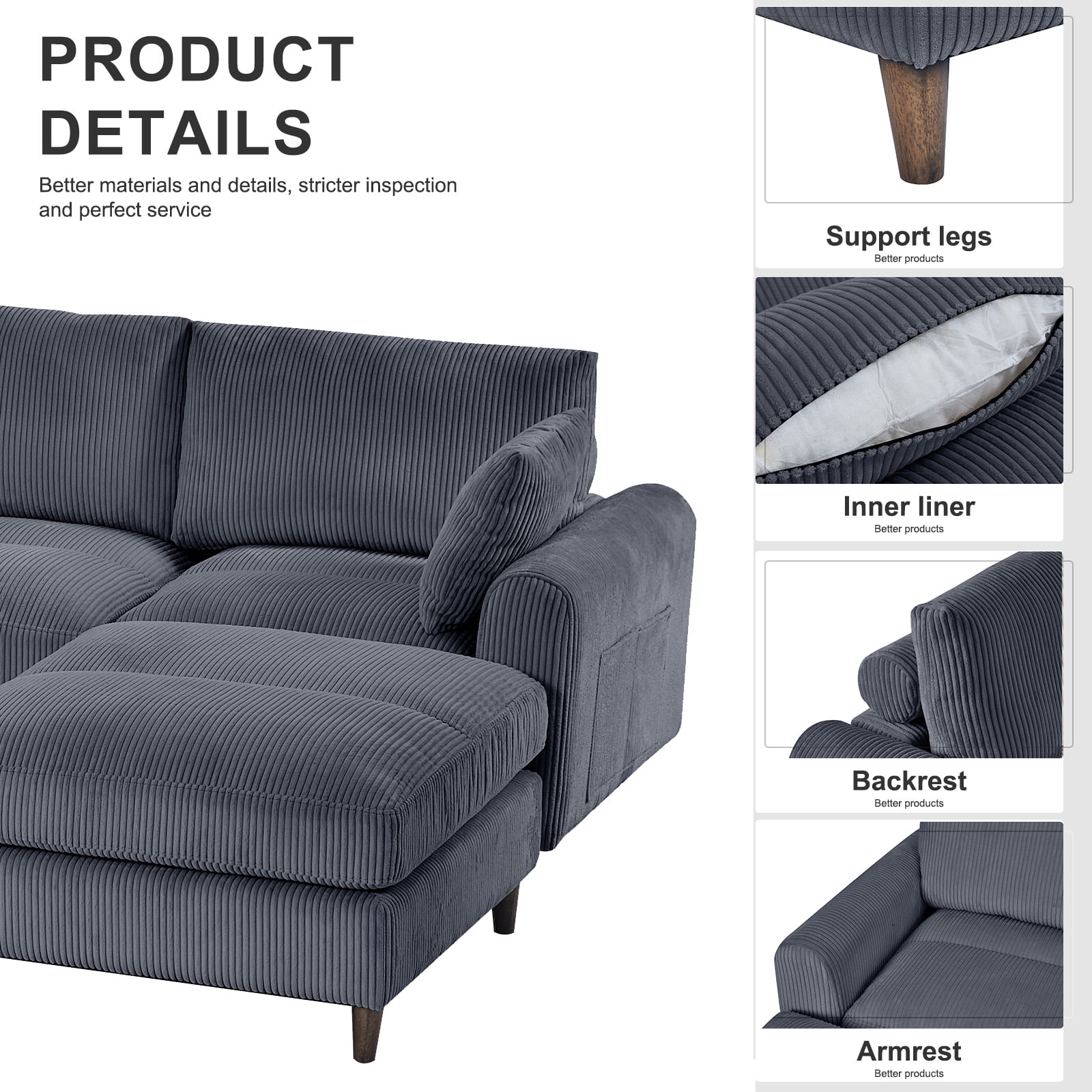 BSHTI Modern 6-Seat Corduroy Modular Sectional, U-Shape Convertible Couch with Ottoman, with Adjustable Head Pillows and Storage Pockets, Grey