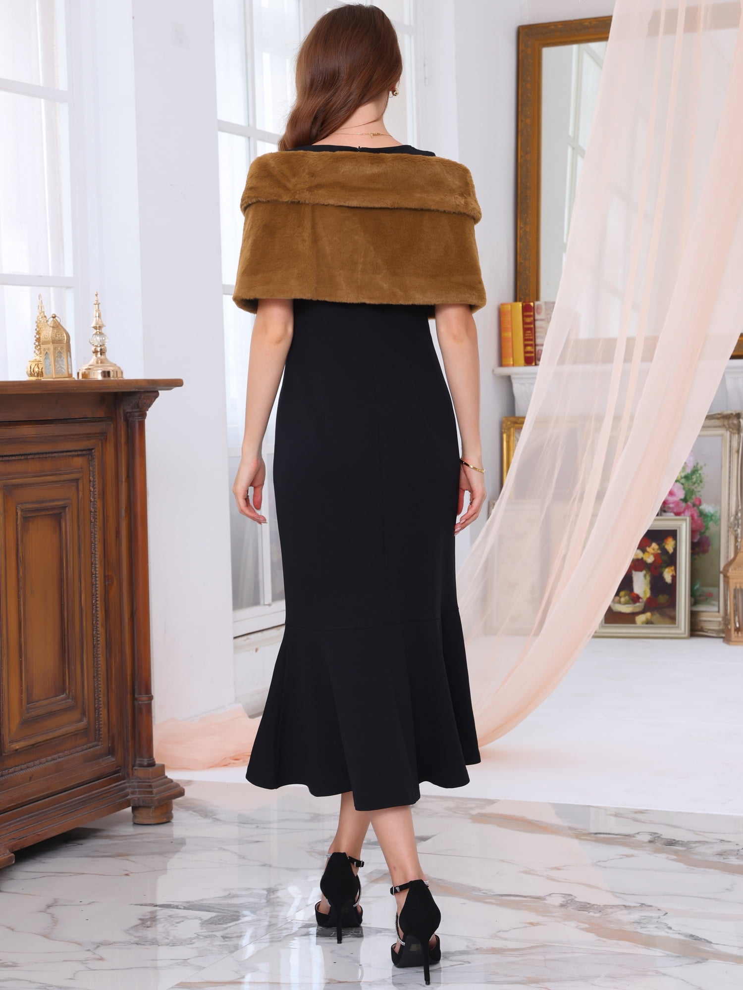 DARING DIVA Women's Elegant Faux Fur Shawl Wrap Cape XL Brown