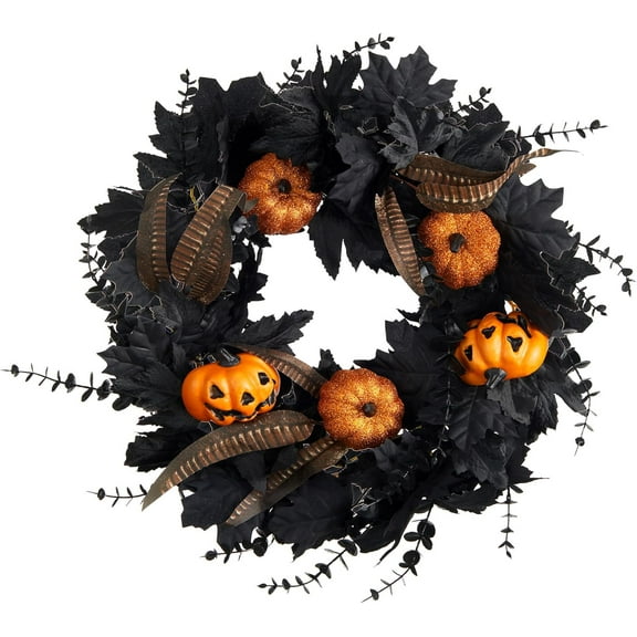 Halloween Wreath for Front Door - 20inch Eucalyptus Wreaths with Pumpkin, Feather and Maple Leaves for Indoor Outdoor Wall Window Porch Patio Garden Farmhouse Home Party Prom Decoration