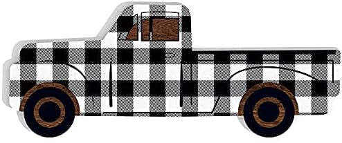 Rustic Wooden Pickup Truck Black and White Plaid Wooden Pickup Truck Ornament Wooden Pickup Truck Sign Decor for Window Shelf Desk and Home Decor