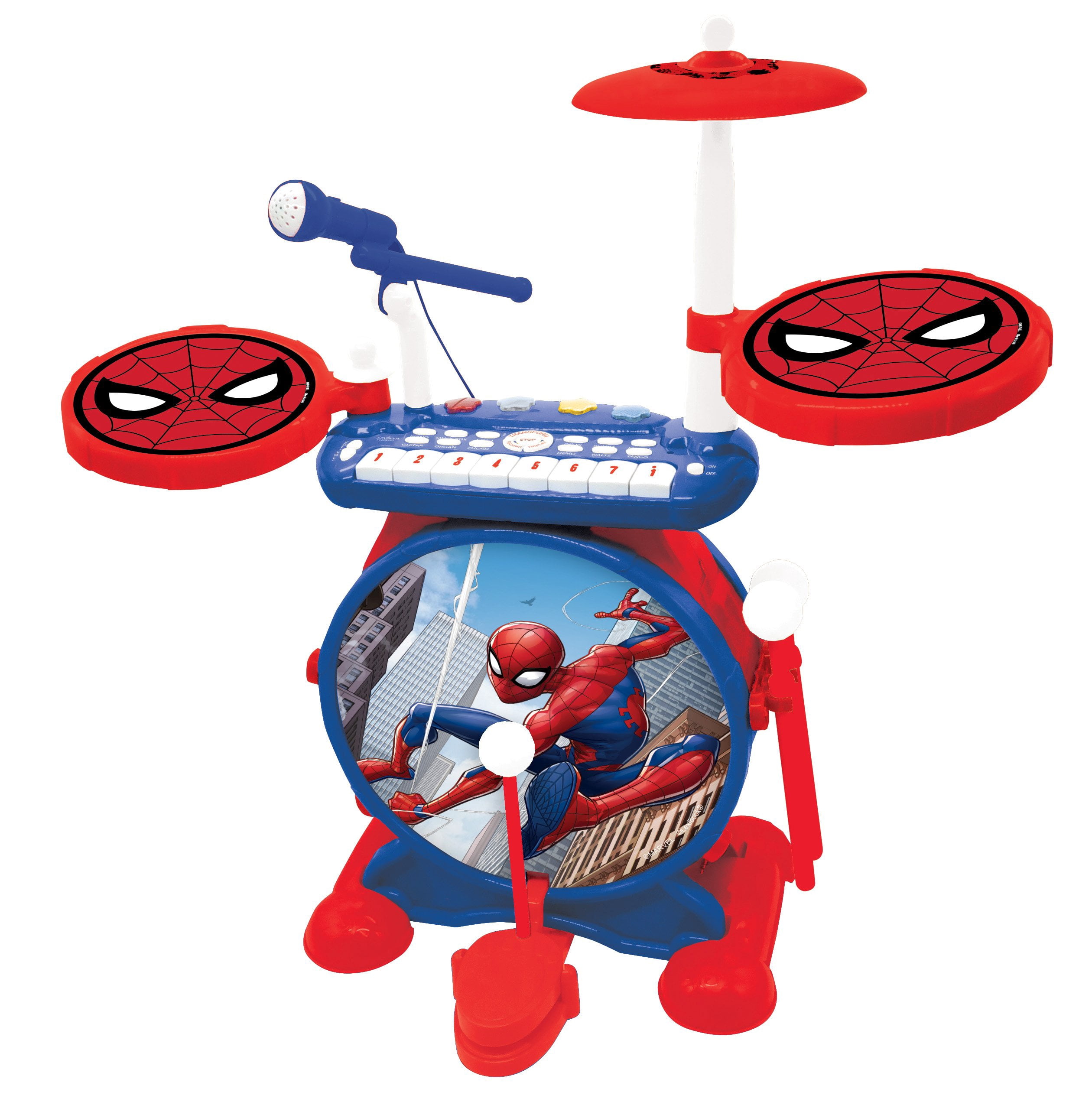Lexibook Spider-Man Electronic Drum Set, 3-in-1 with 8-Key Keyboard and Mic, Blue/Red