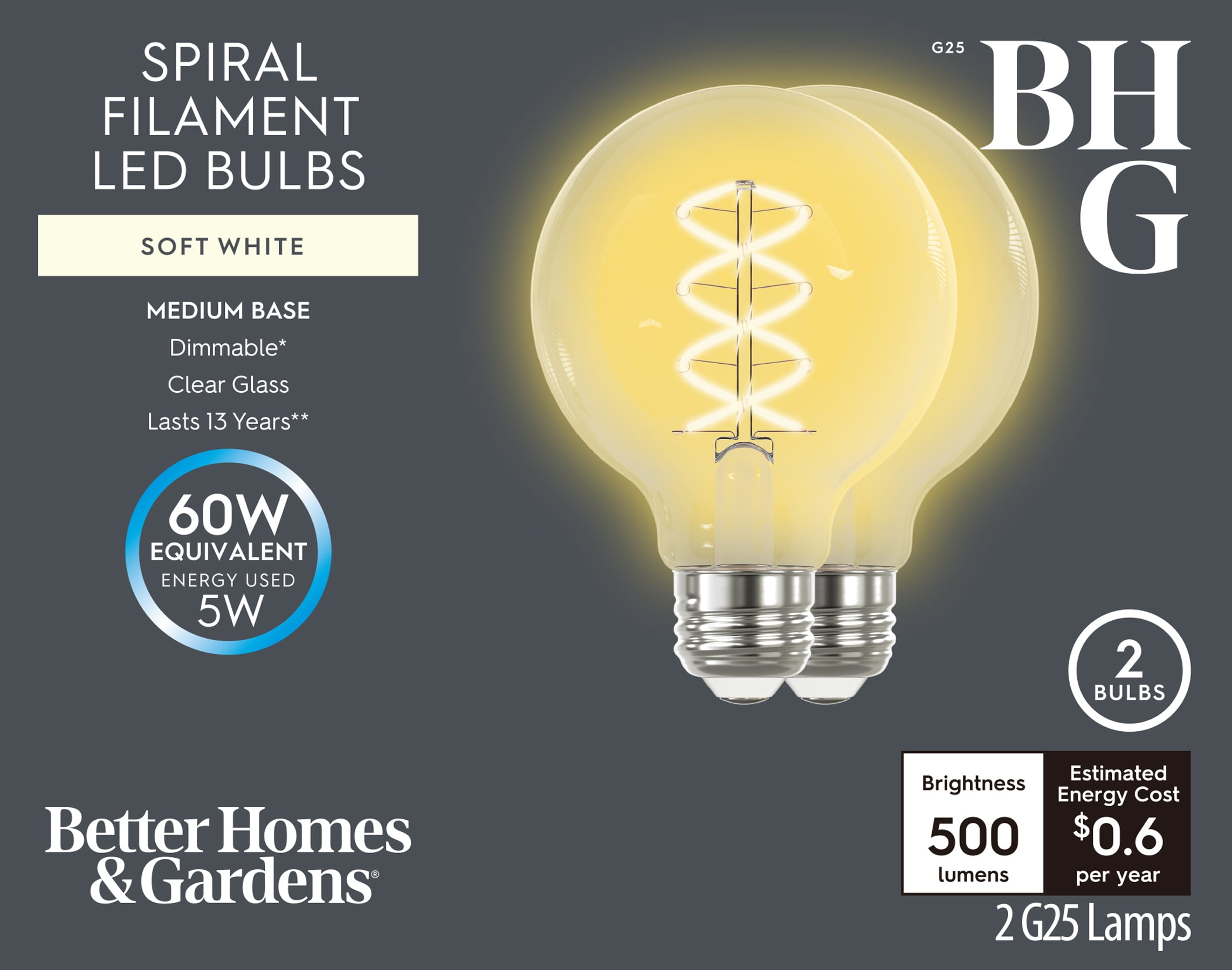 (2 pack) BHG LED Bulb, 5-Watt (60W Equivalent) G25 Vintage Style, E26 Base, Dimmable, Soft White, 2-Pack