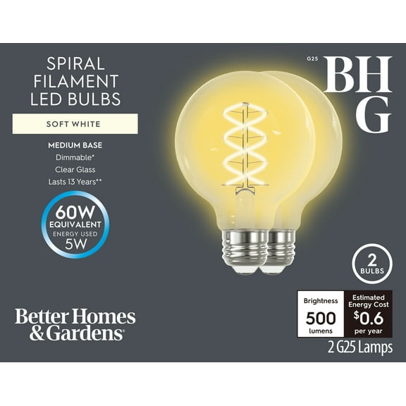 BHG LED Bulb, 5-Watt (60W Equivalent) G25 Vintage Style, E26 Base, Dimmable, Soft White, 2-Pack