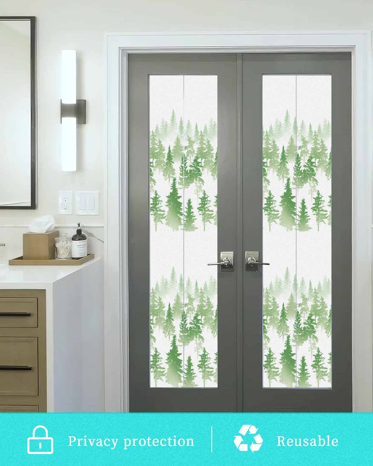 Window Privacy Film, Green Forest UV Sun Blocking Window Tint Film Heat Control One Way Blackout Window Film, Modern Abstract Silhouette Art Non Adhesive Static Cling Window Sticker 29.5x118 In