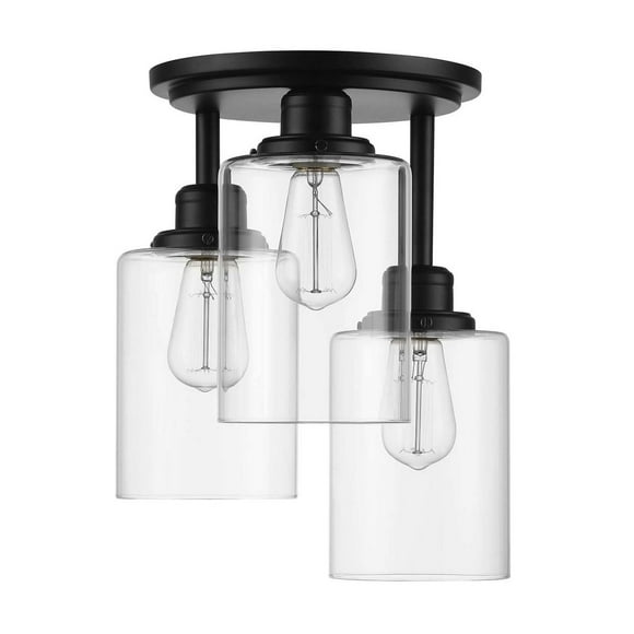 Plafonnier affleurant Annecy à trois ampoules, noir mat, abat-jours en verre transparent