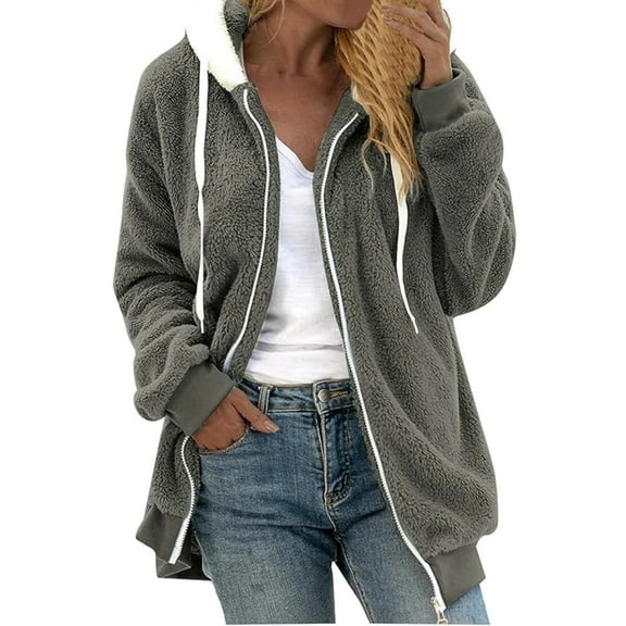TQWQT Winter Coats for Women, Autumn Winter Outwear Women Fleece Hooded Coats Warm Female Patchwork Zip-Up Plush Jackets Dark Gray S