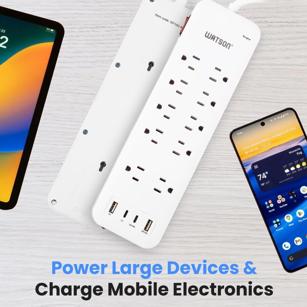 10-Outlet Surge Protector with 2 USB-C & 2 USB-A Ports, 2450 Joules, 6' Cord, LED Indicator – Power Strip for Home and Office Use by Watson(White)