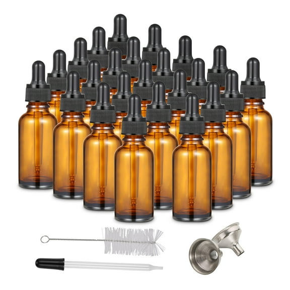 24 Pack Eye Dropper Bottle 1 oz Amber Glass Bottles 30ml with Funnels, long dropper, brush and Labels, Empty Tincture Bottles for Essential Oils