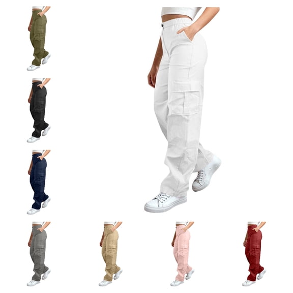 HAOTAGS Cargo Pants for Women,Stretch Waist Button Zip Utility Pockets Outdoor Hiking Pants White XL