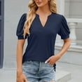 thumbnail image 3 of Fesfesfes V Neck Tshirt Women's Summer Solid Lace V-neck Bubble Short Sleeve Solid T-shirt Top Short Tshirts for Women S(US:4), 3 of 5