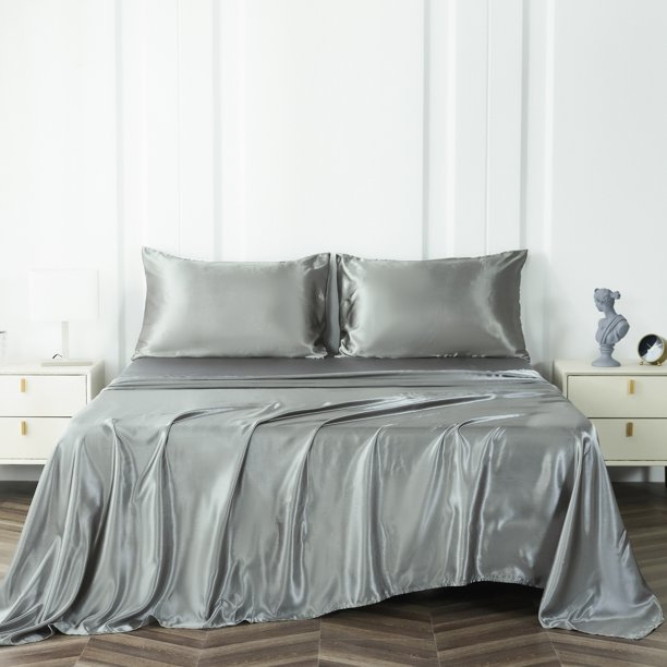 NTBED Satin Sheets Queen Gray Luxury Silky Bed Sheets 1800 Microfiber