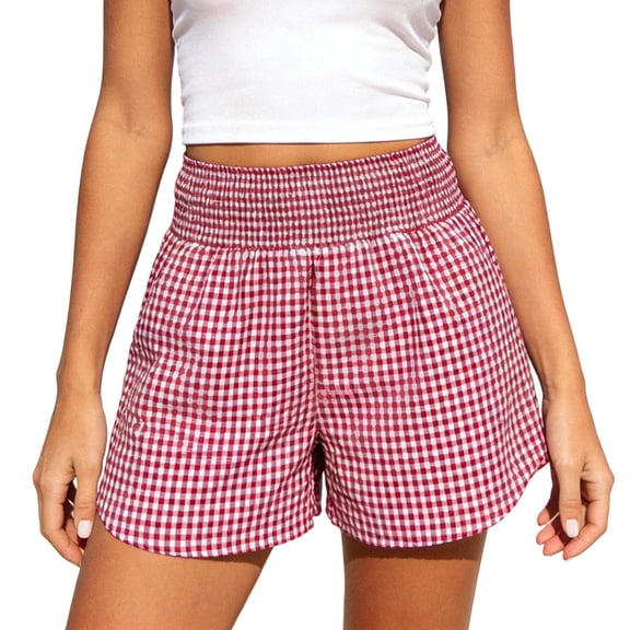 Edvintorg Skorts for Woman Plus Size Fashion Plaid Elastic Waisted Casual Loose Fit Beach Vacation Shorts with Pockets Summer Loungwear Red XXL