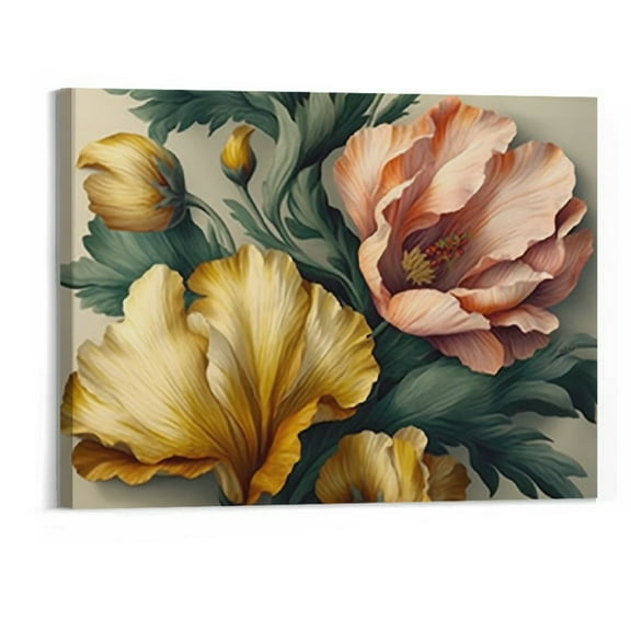 Creowell  Vintage Flowers Painting Gold Green Pink Wall Art Canvas Posters and Prints Modern Mural Pictures for Living Room Decor 20x16 Inch