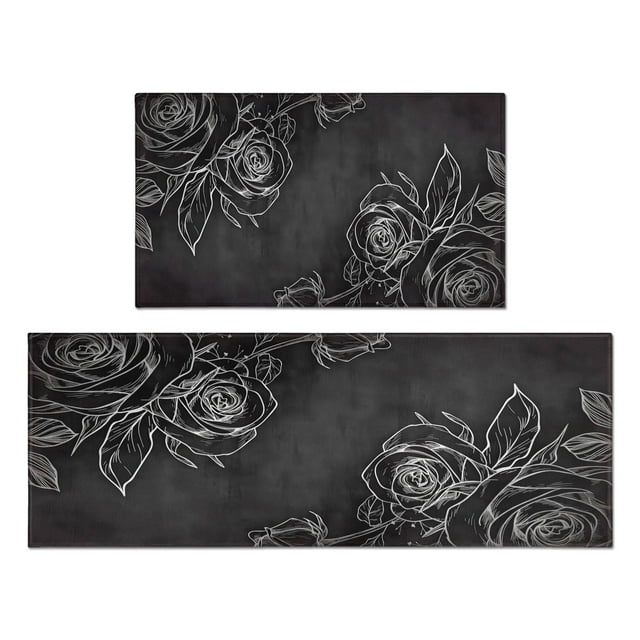Black Farmhouse Decor Kitchen Mats: Set of 2 Boho Floral Design Anti-Fatigue Kitchen Rug Non-Slip Washable Kitchen Runner Mat for Ultimate ComKitchen Runner Mat fort