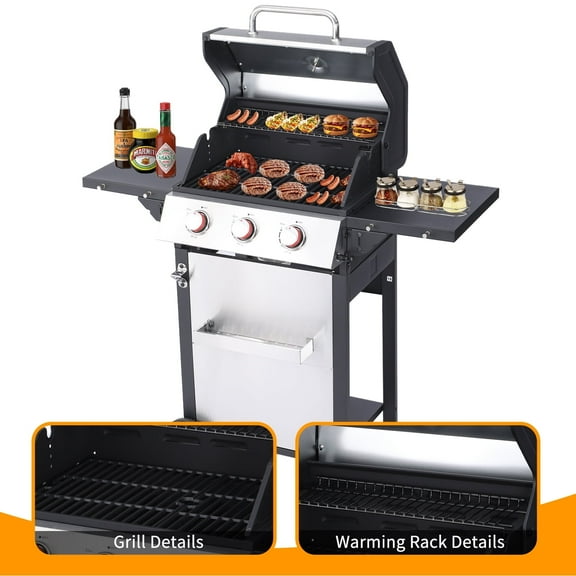 CIG GARDEN 3-Burner Propane Gas Grill,Outdoor Barbecue Grill with 2 Foldable Side Tables,Double-Layer Stainless Steel Grill Lid with Cast Iron Grates
